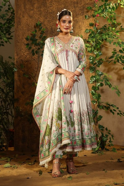 White Muslin Silk Alia Cut Pakisthani Style Salwar Suit Set