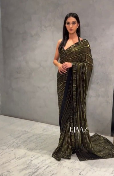 1 Min Black & Gold Georgette Sequence Work Stitched Readymade Saree