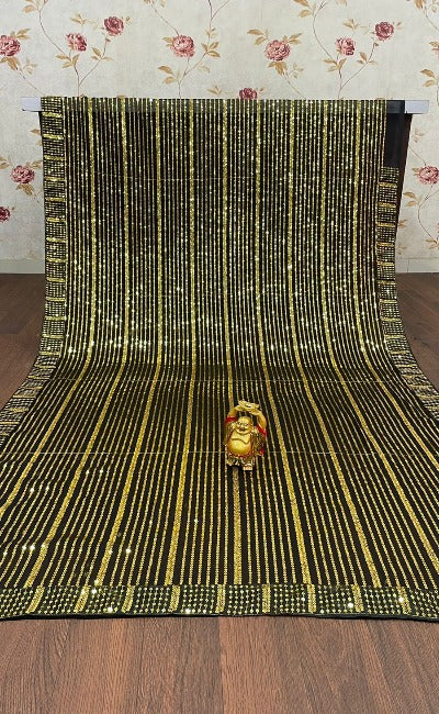 1 Min Black & Gold Georgette Sequence Work Stitched Readymade Saree