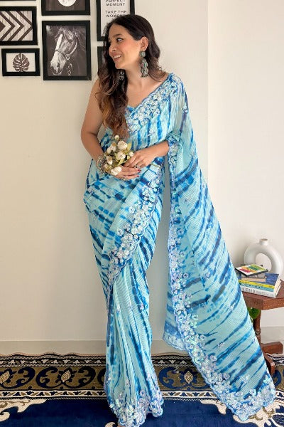 1 Min Blue & White Georgette Crush Sequence  Stitched Readymade Saree