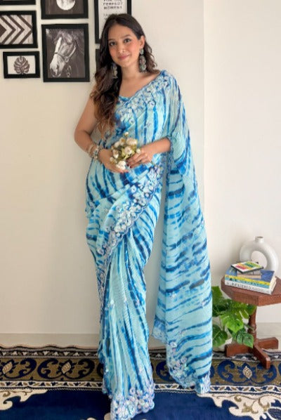 1 Min Blue & White Georgette Crush Sequence  Stitched Readymade Saree