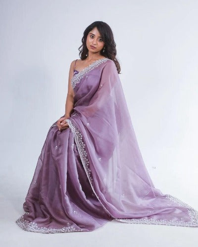 Lilac Shinning Pure Crystal Silk Heavy Sequenced Saree With Readymade Blouse