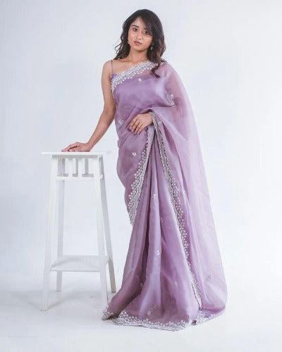 Lilac Shinning Pure Crystal Silk Heavy Sequenced Saree With Readymade Blouse