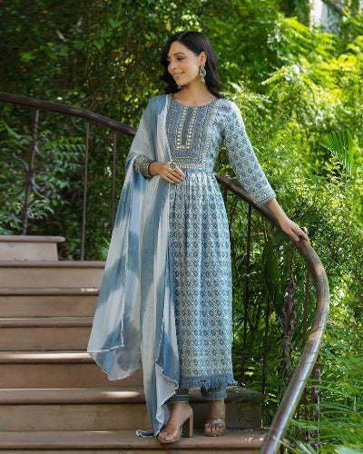 Blue Nyra Cut Procin Print Cotton Salwar Suit Set