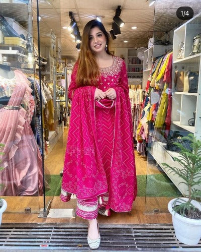 Pink Cotton Embroidered Gotta Lace Work Anarkali Suit Set