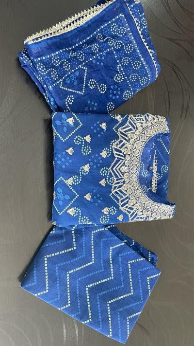 Blue Cotton Embroidered Gotta Lace Work Anarkali Suit Set