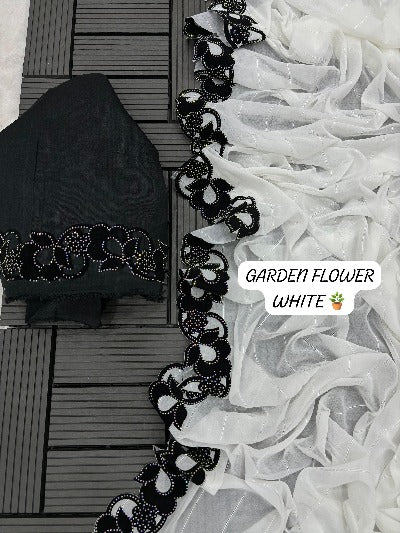 White & Black Heavy Blooming Georgette Saree With Velvet BorderWhite & Black Heavy Blooming Georgette Saree With Velvet Border