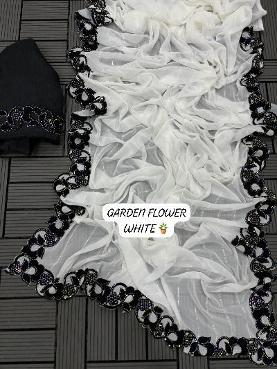 White & Black Heavy Blooming Georgette Saree With Velvet Border
