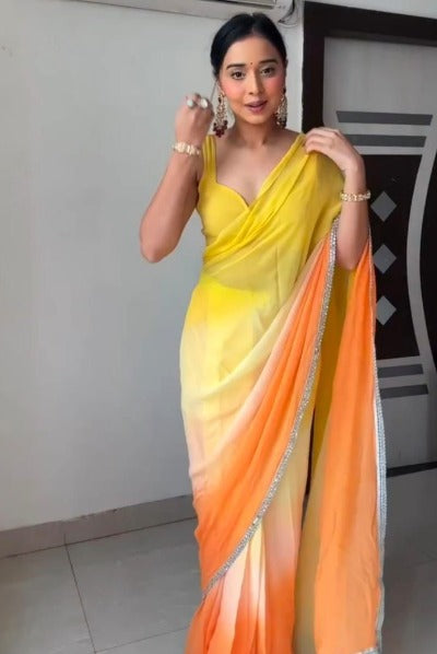 1 Min Designer Yellow Double Shaded Georgette Stitched Readymade Saree