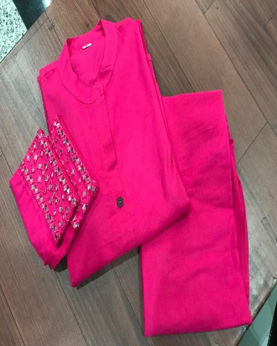 Hot Pink Stylish Cotton Kurti Pant Set Of 2