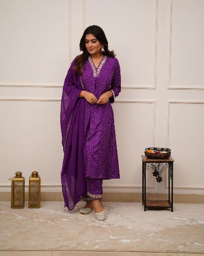 Purple Rayon Beautiful Print & Embroidery Work Salwar Suit Set