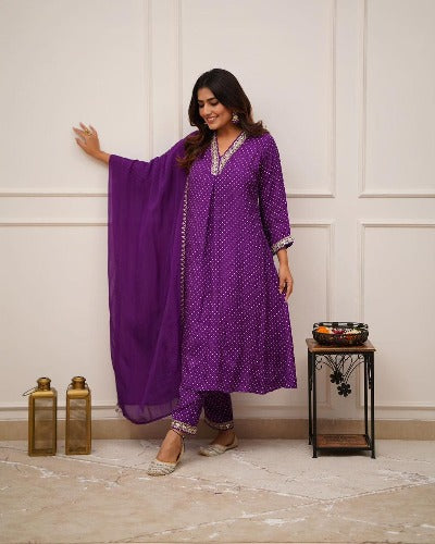 Purple Rayon Beautiful Print & Embroidery Work Salwar Suit Set
