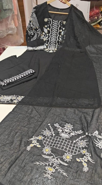 Black Cotton Embroidered Yoke Straight Salwar Suit Set