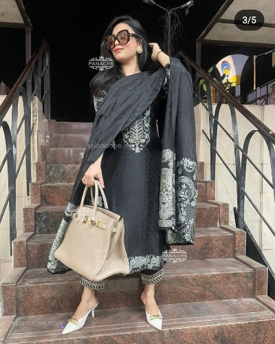 Black Cotton Embroidered Yoke Straight Salwar Suit Set