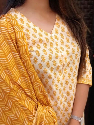 Yellow & White Cotton Saganeri Block Print  Salwar Suit Set