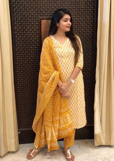 Yellow & White Cotton Saganeri Block Print  Salwar Suit Set