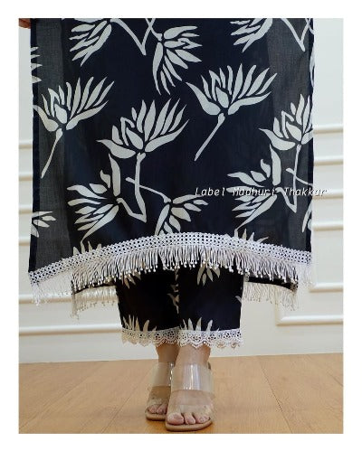 Black Cotton Lace Work Kurti Pant Set Of 2