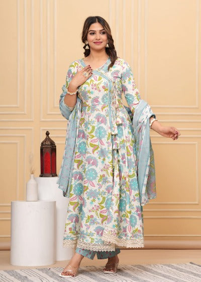 Blue Cotton Floral Anghrakha Style Anarkali Suit Set
