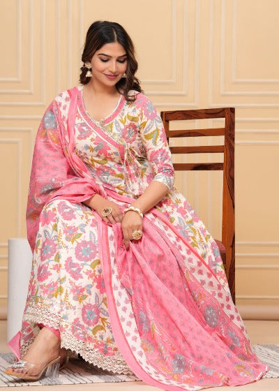 Pink Cotton Floral Anghrakha Style Anarkali Suit Set