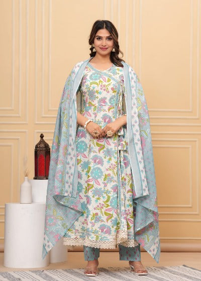 Blue Cotton Floral Anghrakha Style Anarkali Suit Set
