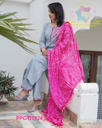 Ash Grey Cotton Embroidery Salwar Suit With Bandhani Dupatta