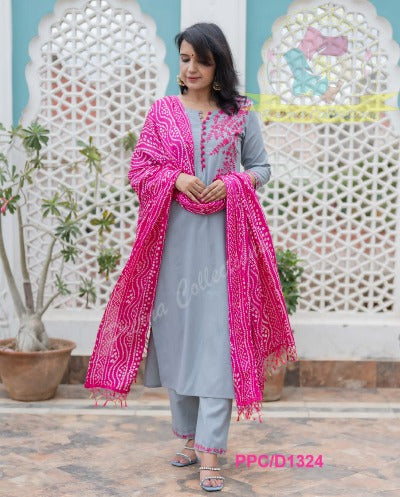 Ash Grey Cotton Embroidery Salwar Suit With Bandhani Dupatta