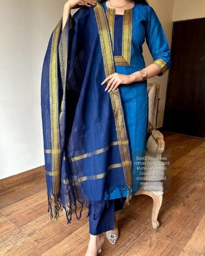 Dark Blue Butti South Handloom Cotton Salwar Suit Set