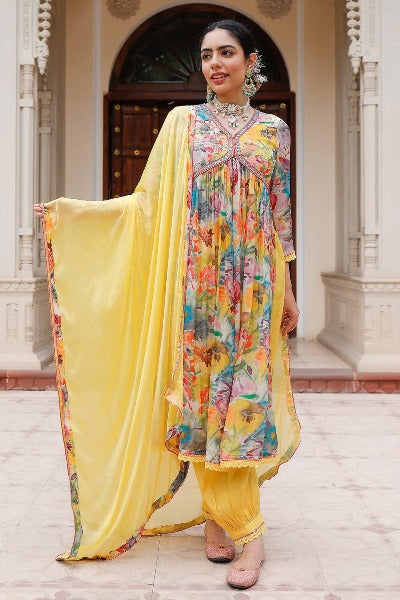 Yellow Rayon Floral Alia Cut Afghani Style Salwar Suit Set