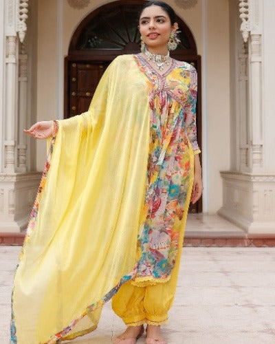 Yellow Rayon Floral Alia Cut Afghani Style Salwar Suit Set