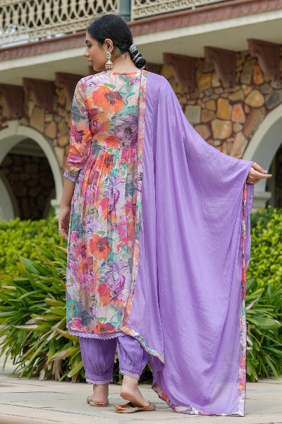 Lavender Rayon Floral Alia Cut Afghani Style Salwar Suit Set