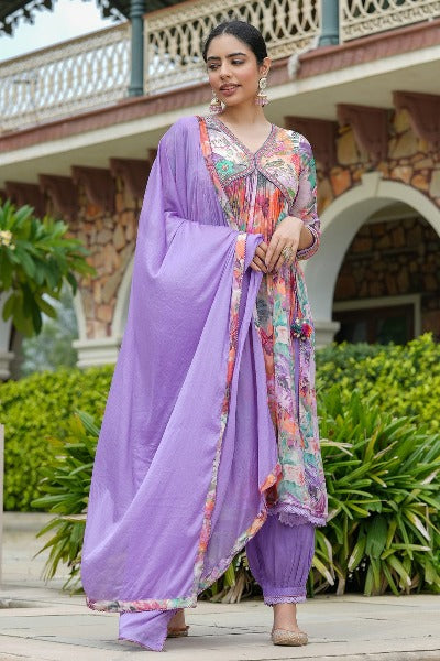 Lavender Rayon Floral Alia Cut Afghani Style Salwar Suit Set