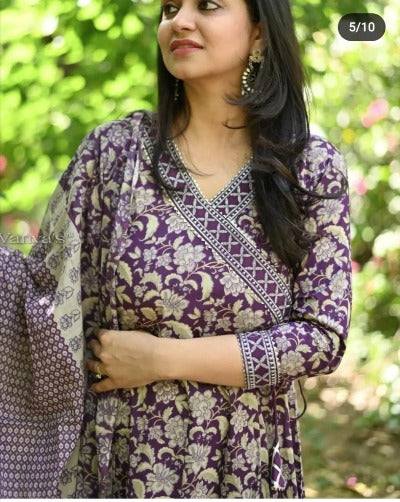 Purple Cotton Gotta Work Printed Anghrakha Style Anarkali Suit Set 