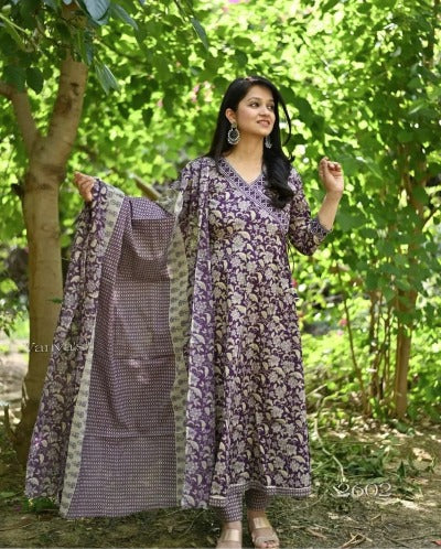Purple Cotton Gotta Work Printed Anghrakha Style Anarkali Suit Set 