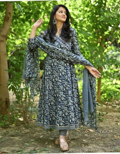 Navy Blue Cotton Gotta Work Printed Anghrakha Style Anarkali Suit Set