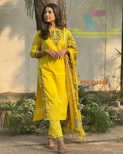 Yellow Cotton Embroidery Work Salwar Suit With Khadi Silk Dupatta
