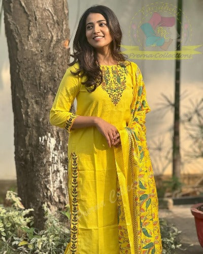 Yellow Cotton Embroidery Work Salwar Suit With Khadi Silk Dupatta