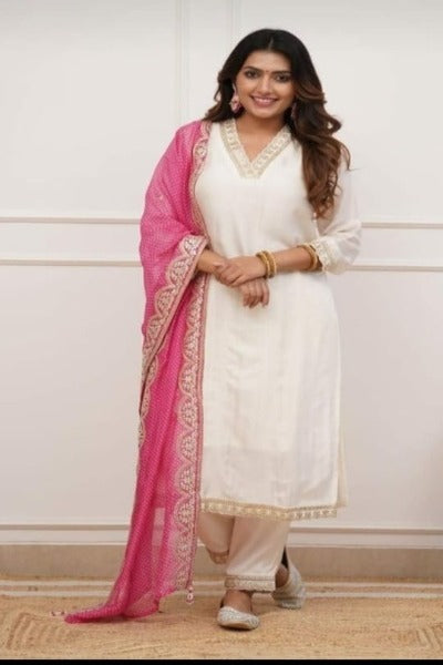 Ivory Heavy Muslin Silk Salwar Suit With Pink Chiffon Dupatta
