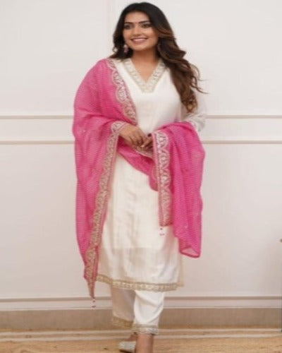 Ivory Heavy Muslin Silk Salwar Suit With Pink Chiffon Dupatta