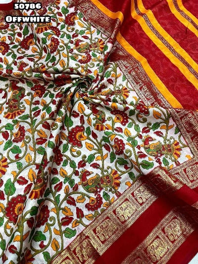 Red & White Dola Silk Kalamkari Print Saree