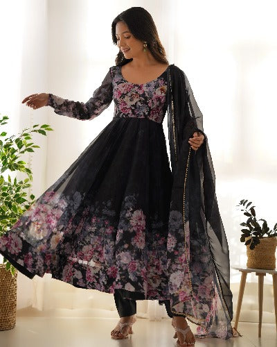 Black Floral Soft Organza Silk Anarkali Suit Set