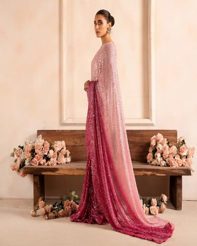 Bollywood Inspired Pink Dual Shaded Sequins Work Georgette Saree