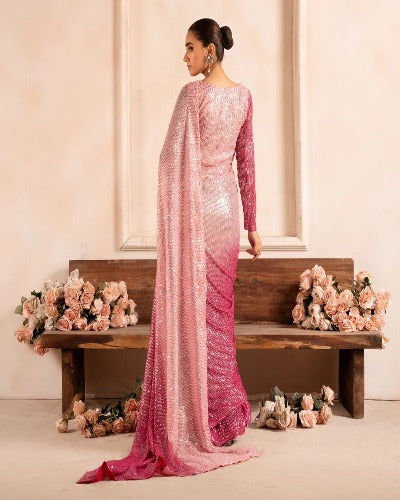 Bollywood Inspired Pink Dual Shaded Sequins Work Georgette Saree