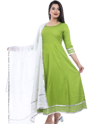 Parrot Green Lace & Handwork Anarkali Gown With Dupatta