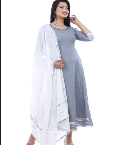 Grey Lace & Handwork Anarkali Gown With Dupatta