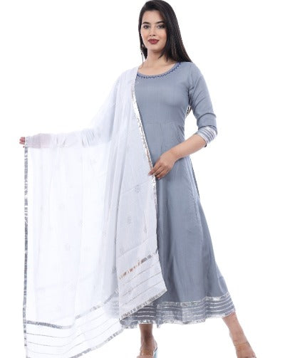 Grey Lace & Handwork Anarkali Gown With Dupatta