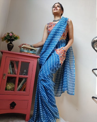 1 Min Blue Linen Silk Pocket Style Stitched Readymade Saree
