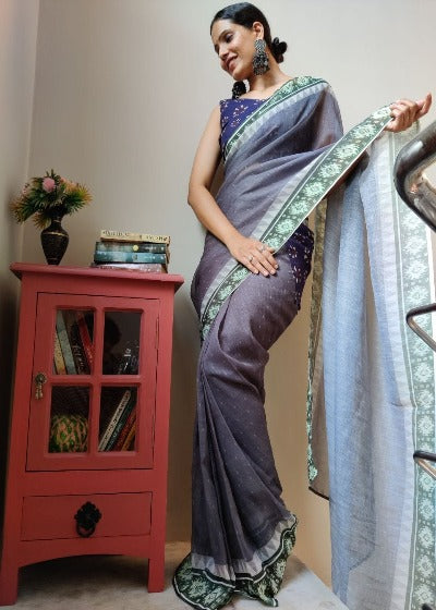  1 Min Grey Linen Silk Pocket Style Stitched Readymade Saree