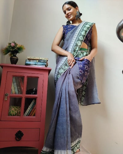  1 Min Grey Linen Silk Pocket Style Stitched Readymade Saree