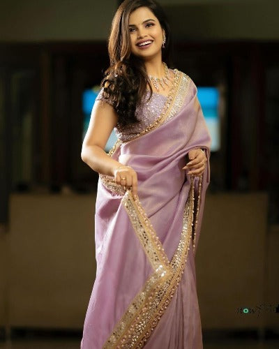 Pink Tissue Silk Beautiful Sequence & Embroidery Work Saree