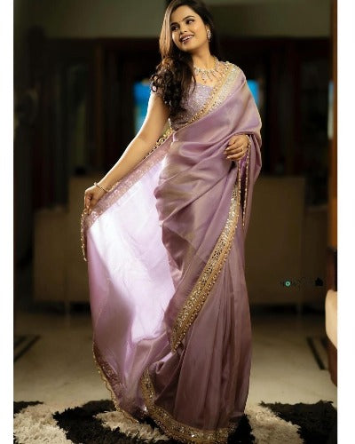 Pink Tissue Silk Beautiful Sequence & Embroidery Work Saree